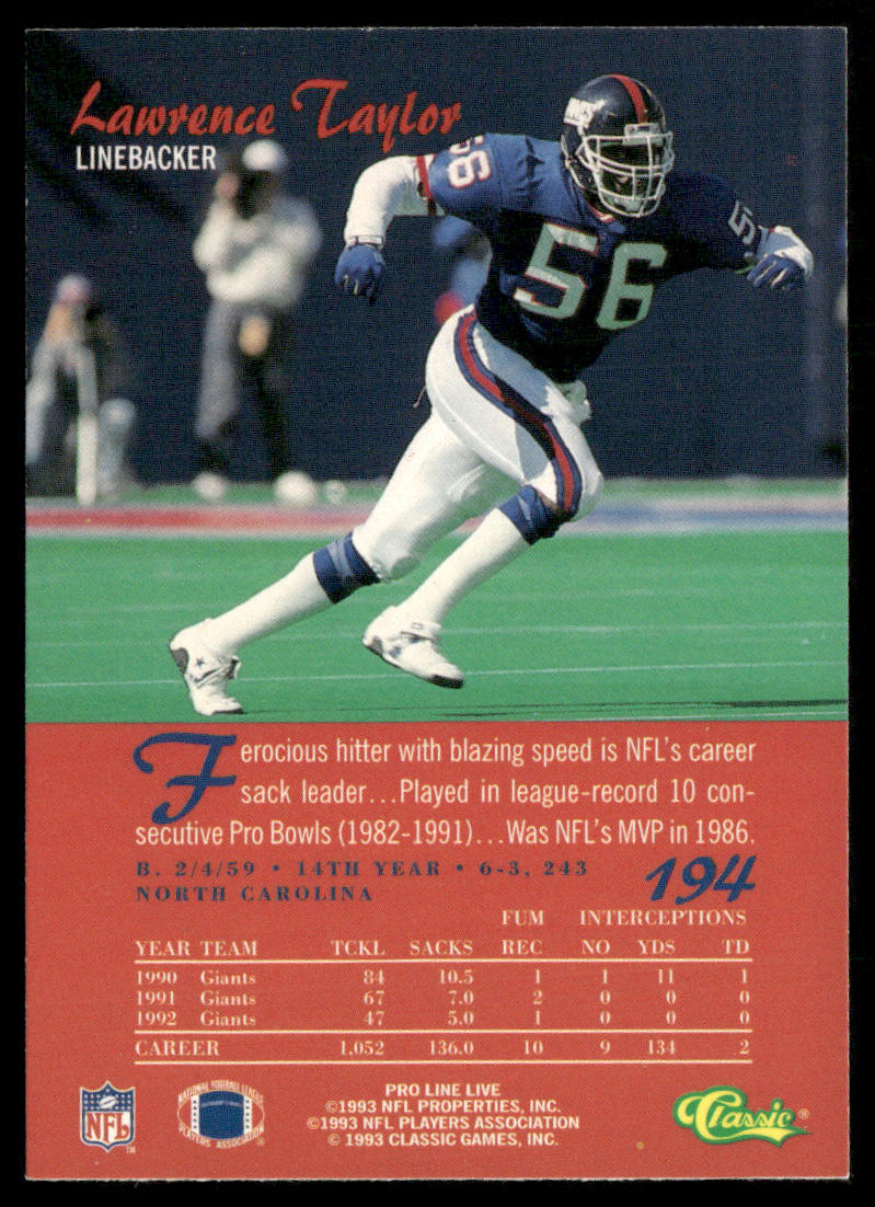 Lawrence Taylor 1993 Pro Line Live #194 New York Giants