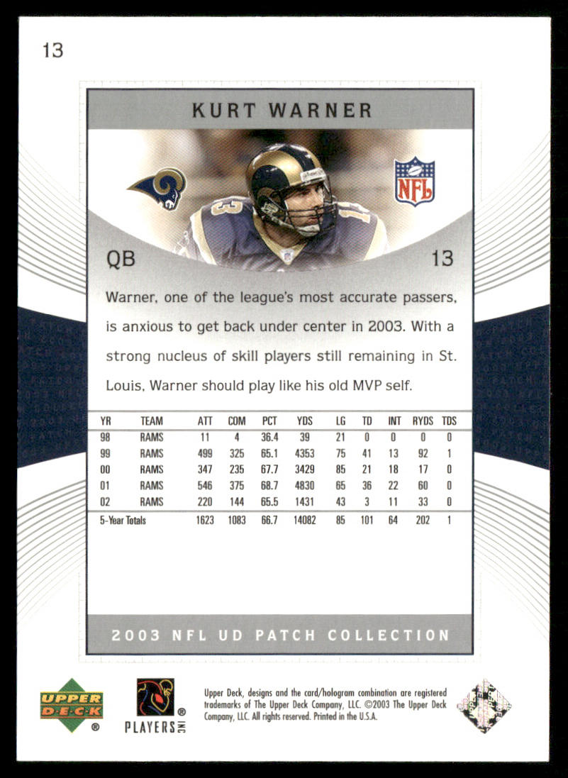 Kurt Warner 2003 UD Patch Collection #13 St. Louis Rams