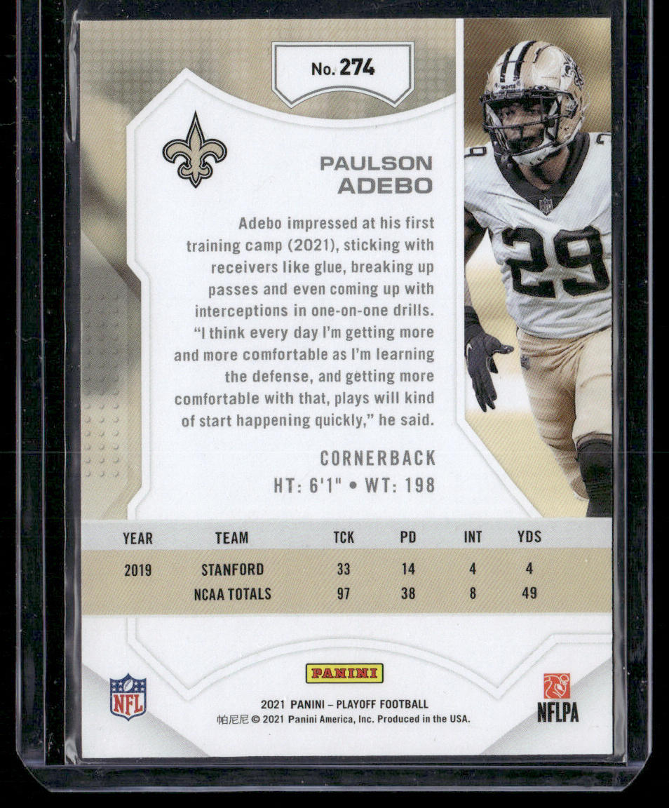Paulson Adebo 2021 Panini Playoff 1st Down #274 SN,RC New Orleans Saints