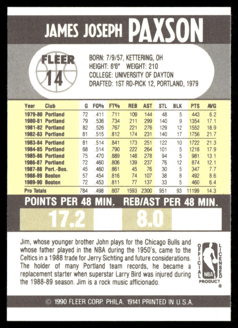 Jim Paxson 1990-91 Fleer #14 Boston Celtics