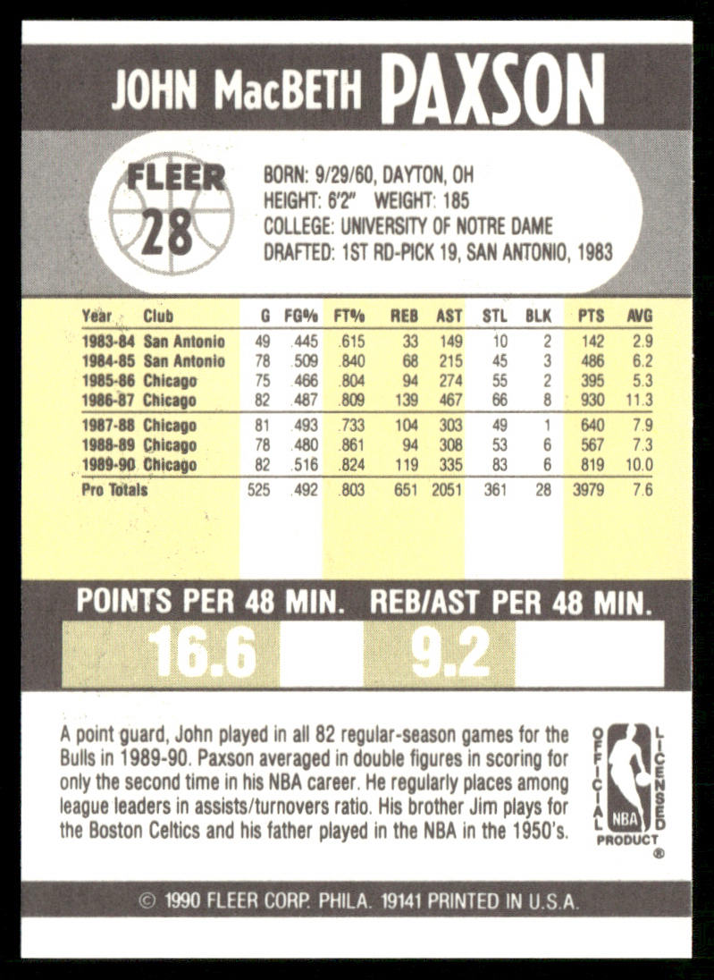 John Paxson 1990-91 Fleer #28b Chicago Bulls