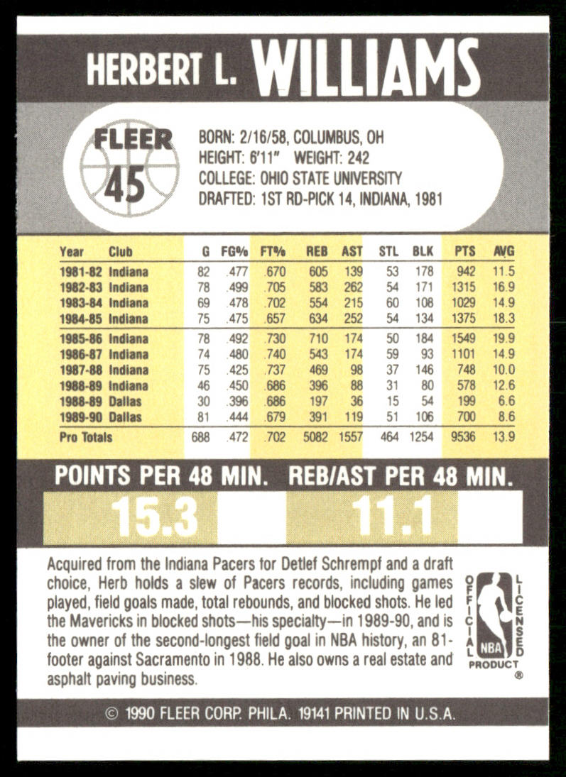 Herb Williams 1990-91 Fleer #45 Dallas Mavericks