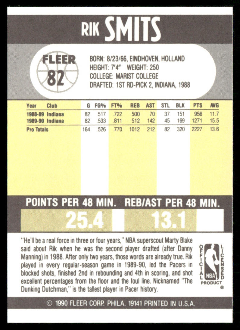 Rik Smits 1990-91 Fleer #82 Indiana Pacers