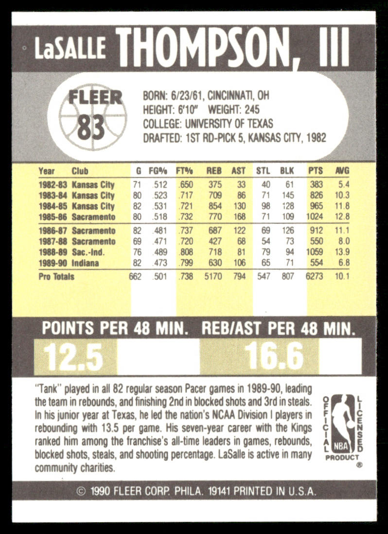 LaSalle Thompson 1990-91 Fleer #83 Indiana Pacers