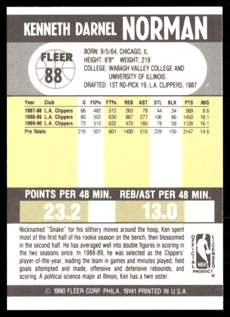Ken Norman 1990-91 Fleer #88 Los Angeles Clippers