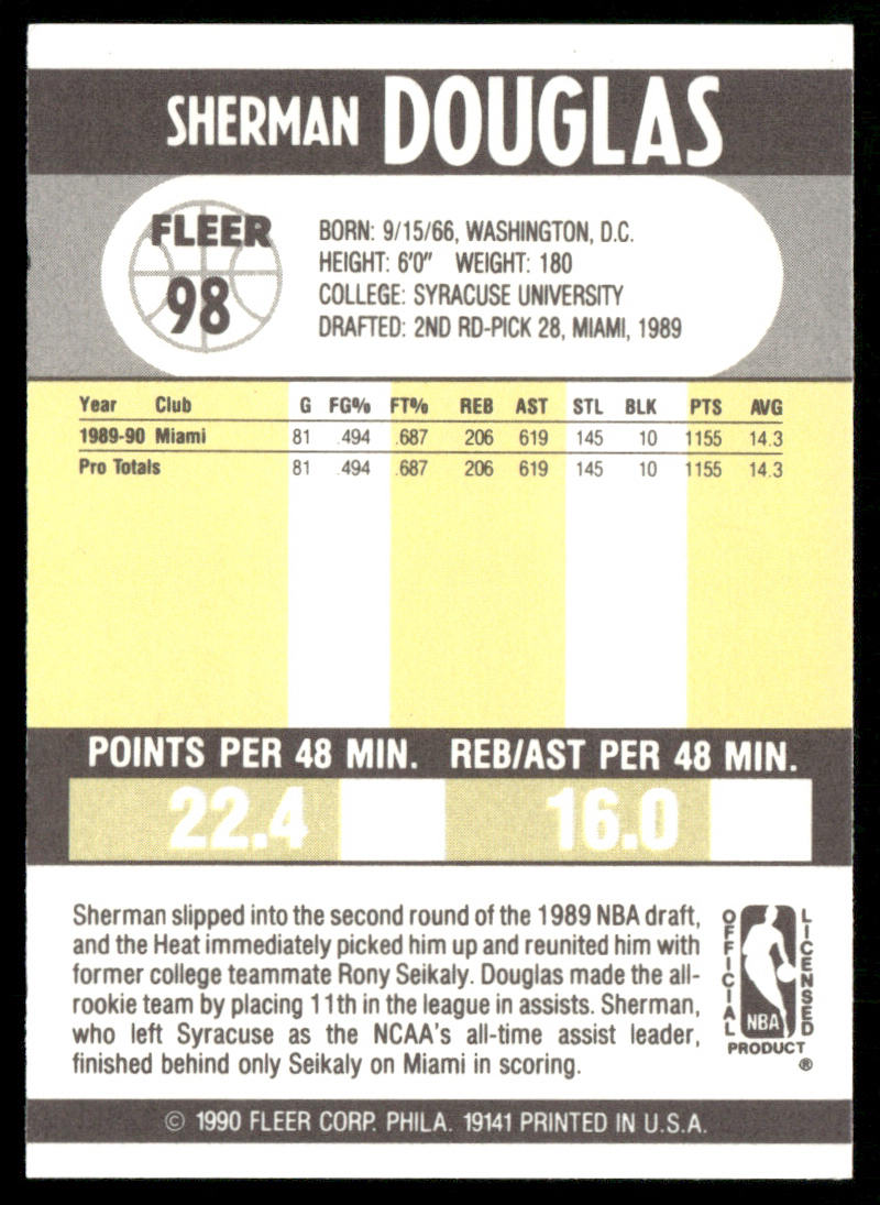 Sherman Douglas 1990-91 Fleer #98 RC Miami Heat
