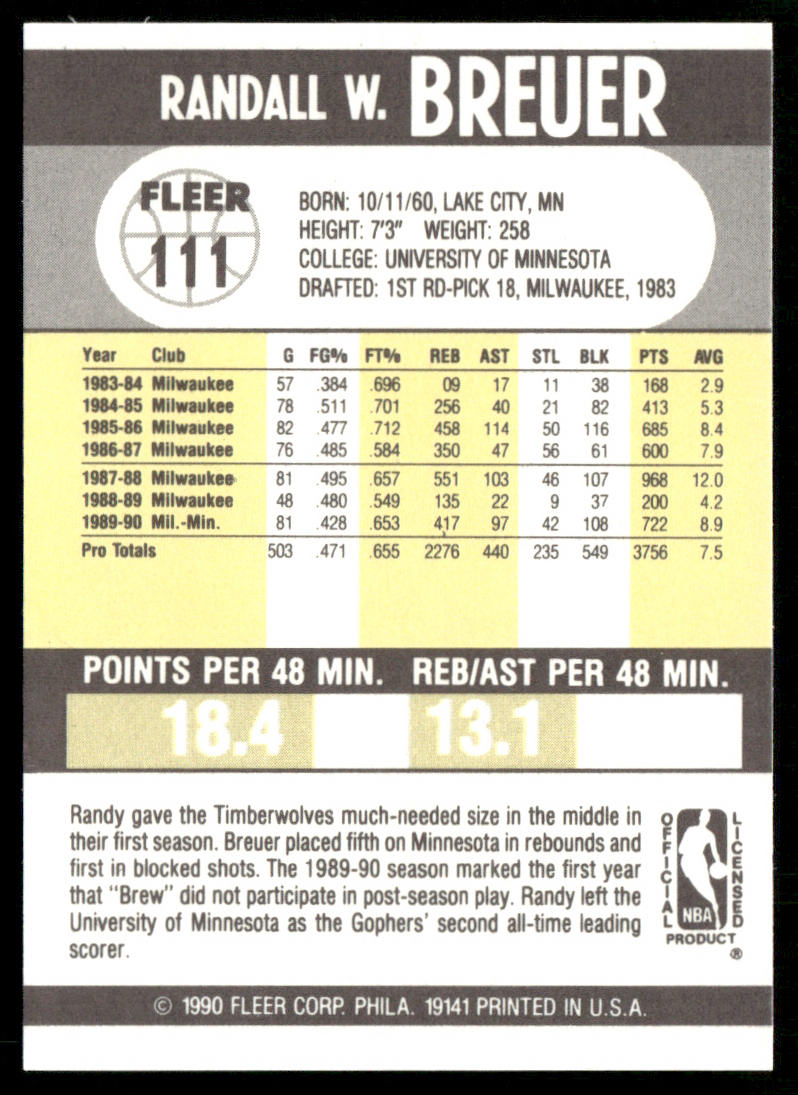 Randy Breuer 1990-91 Fleer #111 Minnesota Timberwolves