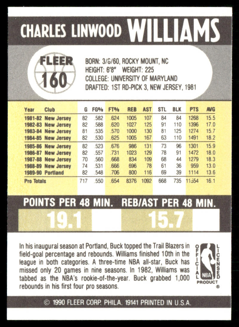 Buck Williams 1990-91 Fleer #160 Portland Trail Blazers