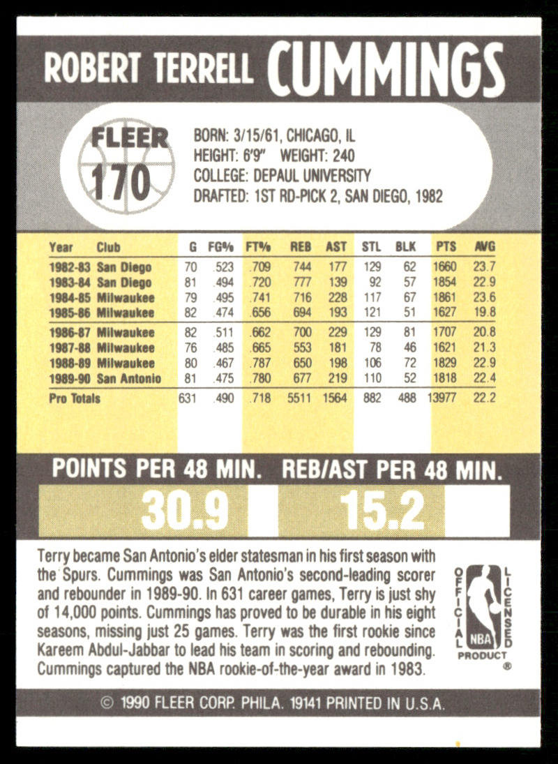 Terry Cummings 1990-91 Fleer #170 San Antonio Spurs