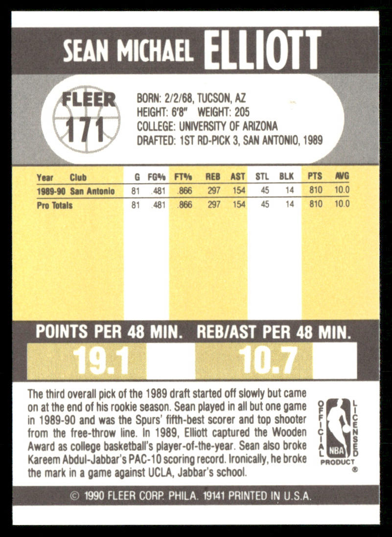 Sean Elliott 1990-91 Fleer #171 RC San Antonio Spurs