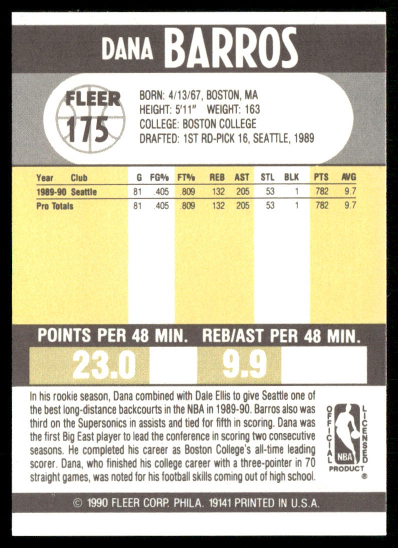Dana Barros 1990-91 Fleer #175 RC Seattle SuperSonics