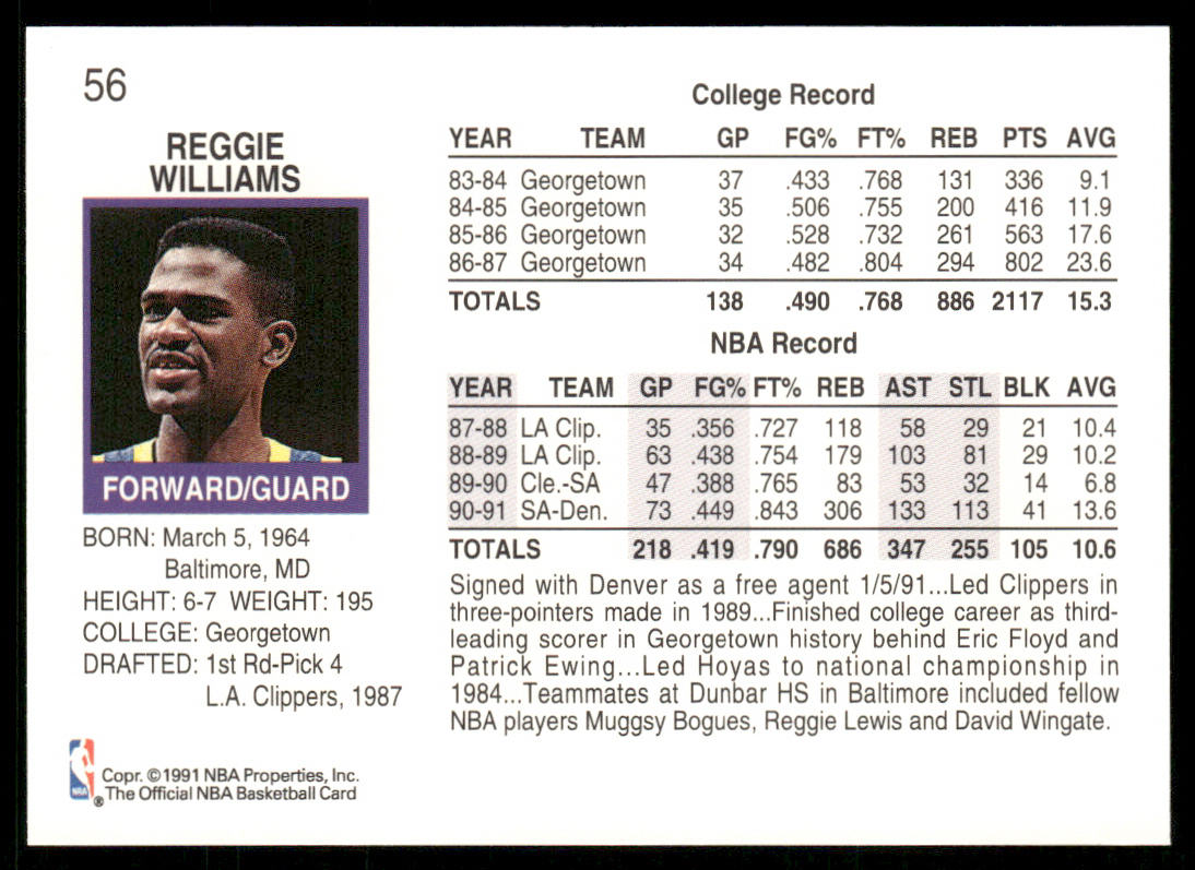 Reggie Williams 1991-92 Hoops #56 Denver Nuggets