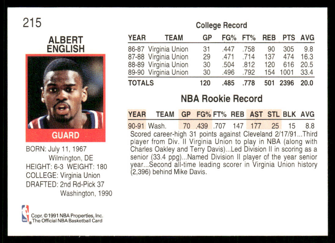 A.J. English 1991-92 Hoops #215 RC Washington Bullets