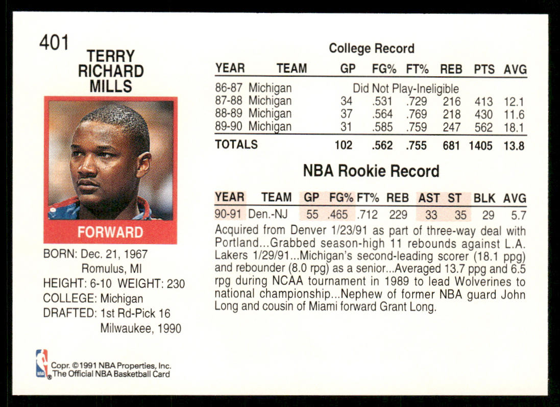 Terry Mills 1991-92 Hoops #401 RC New Jersey Nets