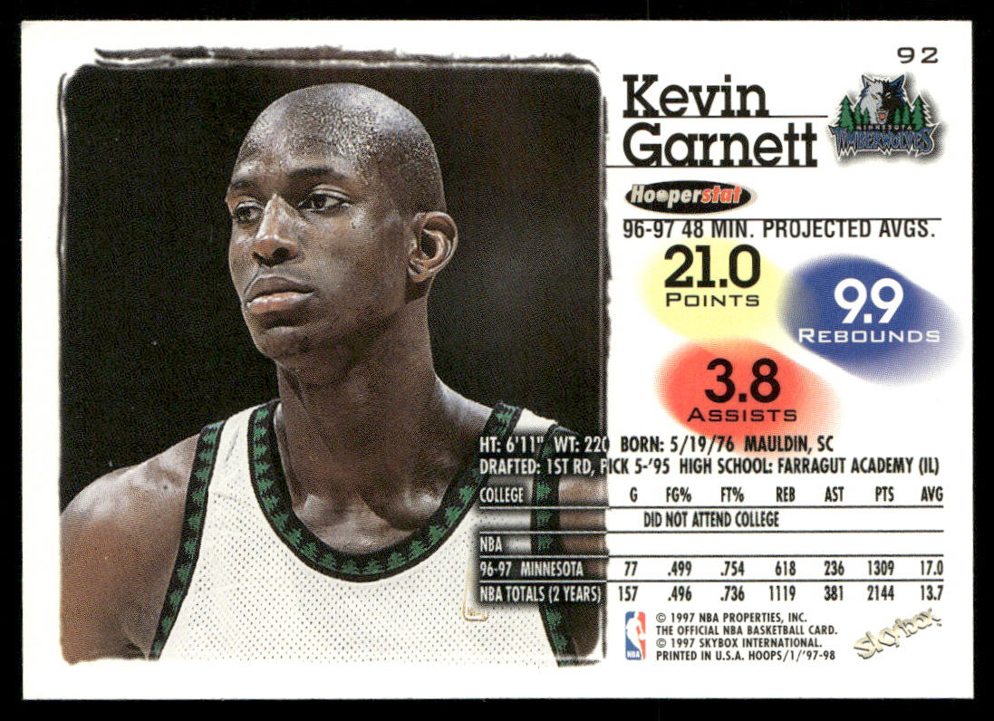 Kevin Garnett 1997-98 Hoops #92 Minnesota Timberwolves