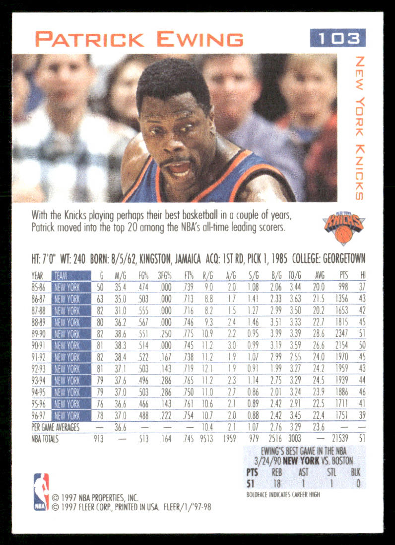 Patrick Ewing 1997-98 Fleer #103 New York Knicks