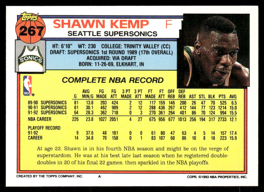 Shawn Kemp 1992-93 Topps #267 Seattle SuperSonics
