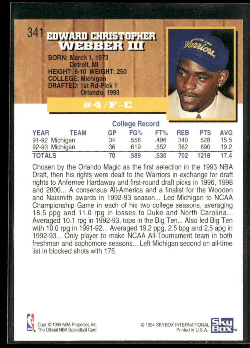 Chris Webber 1993-94 Hoops #341 RC Golden State Warriors