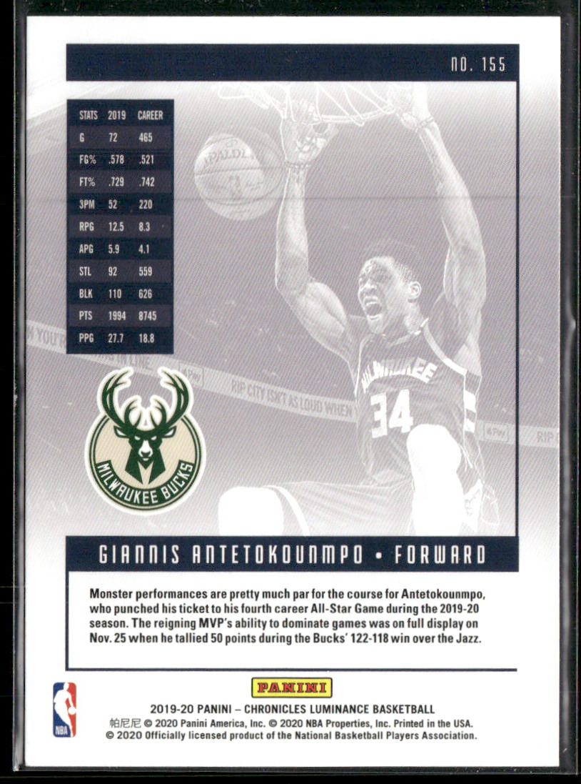 Giannis Antetokounmpo 2019-20 Panini Chronicles #155 Milwaukee Bucks