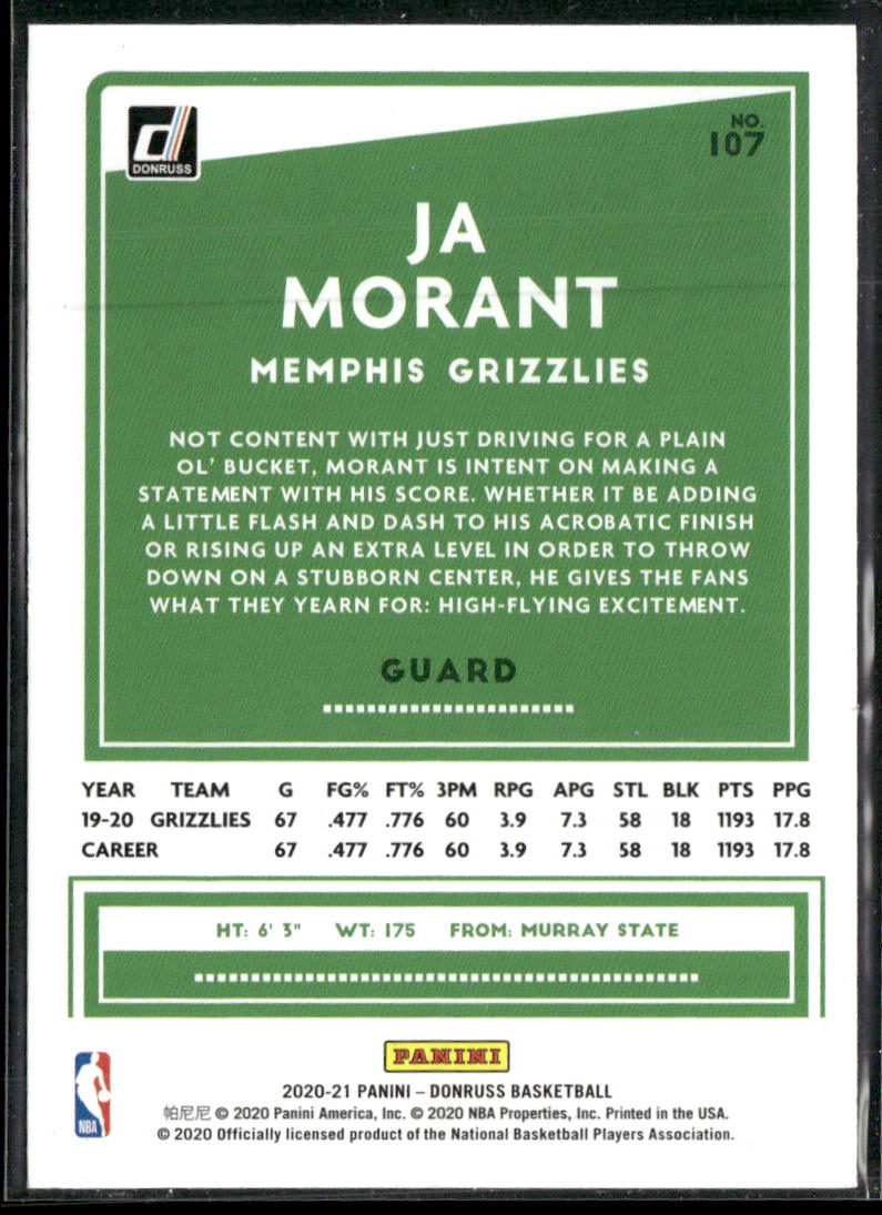 Ja Morant 2020-21 Donruss #107 Memphis Grizzlies