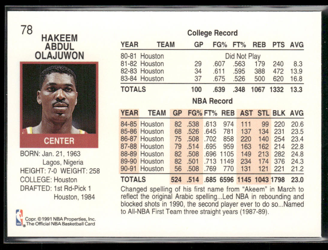 Hakeem Olajuwon 1991-92 Hoops #78 Houston Rockets