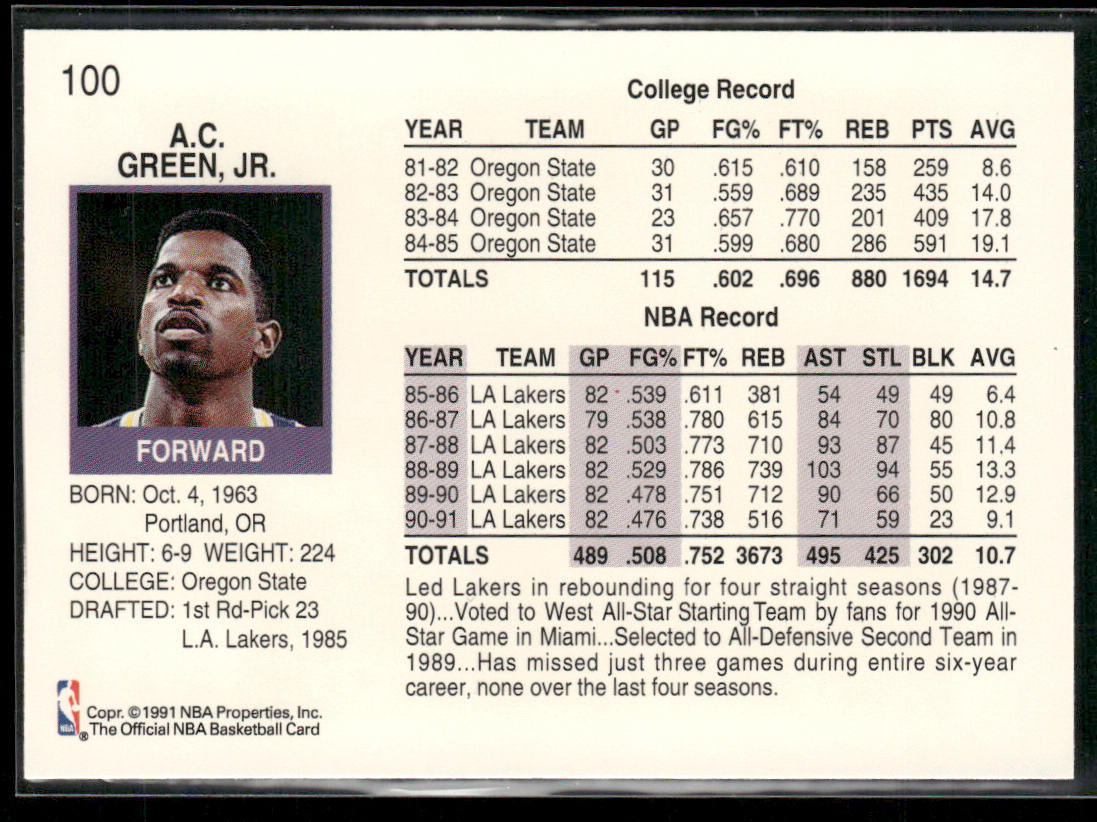 A.C. Green 1991-92 Hoops #100 Los Angeles Lakers