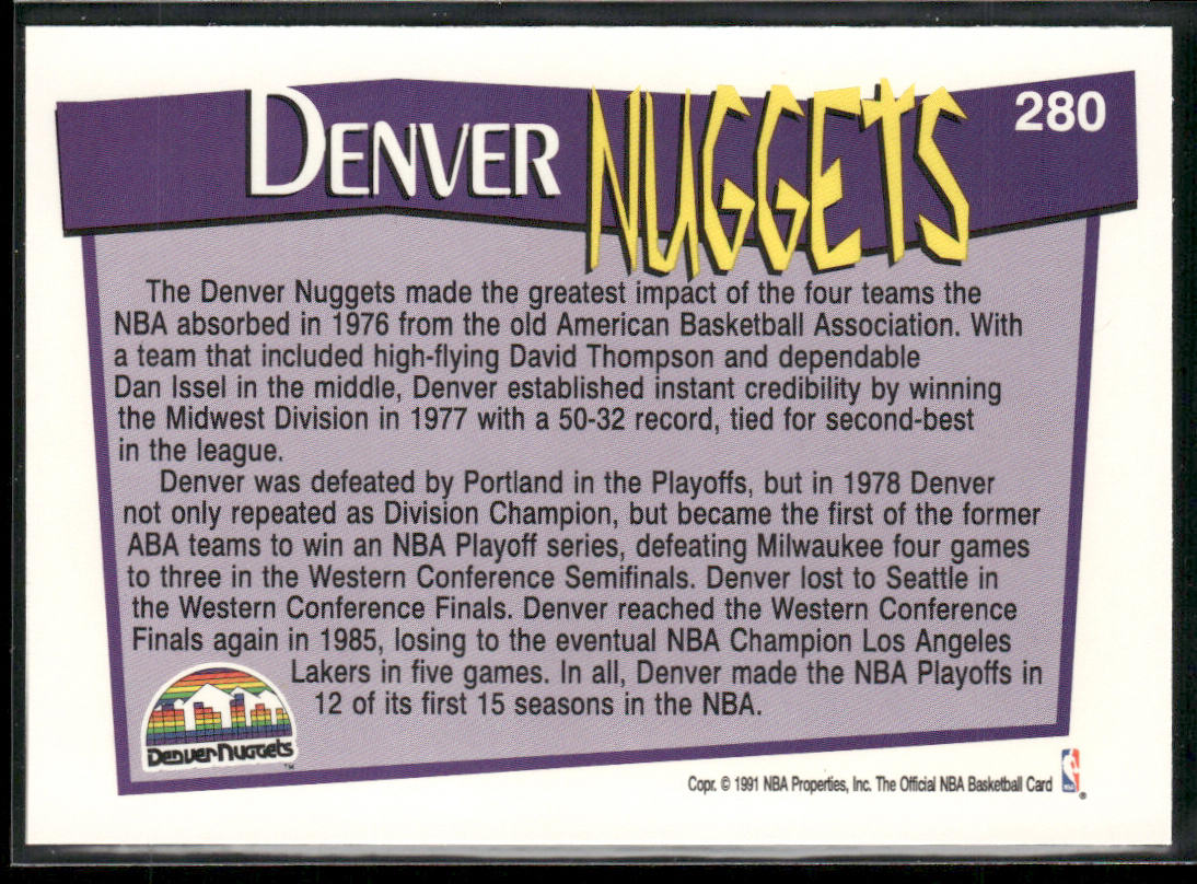 Denver Nuggets 1991-92 Hoops #280 Denver Nuggets