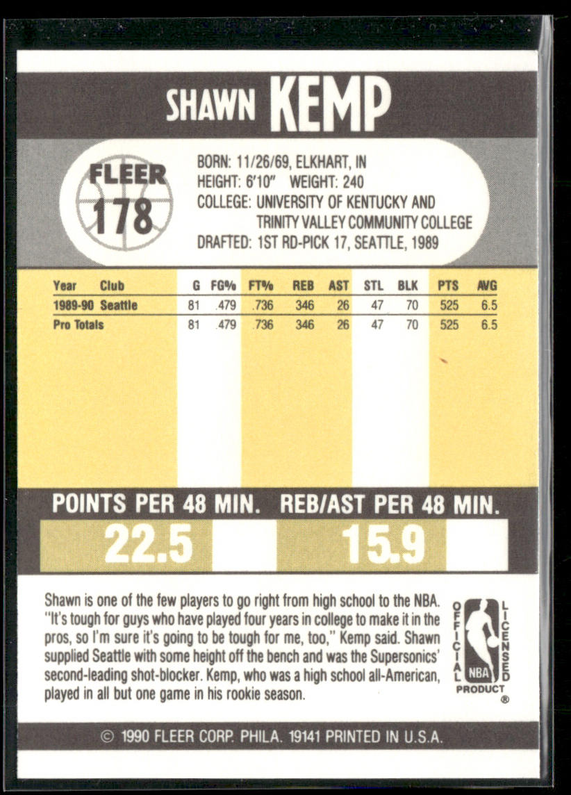 Shawn Kemp 1990-91 Fleer #178 RC Seattle SuperSonics
