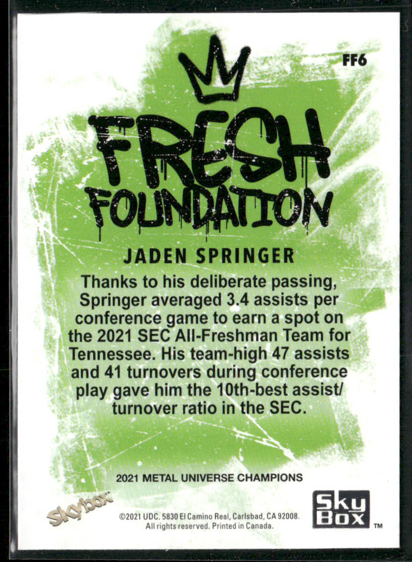 Jaden Springer 2021 SkyBox Metal Universe Champions Fresh Foundation #FF6