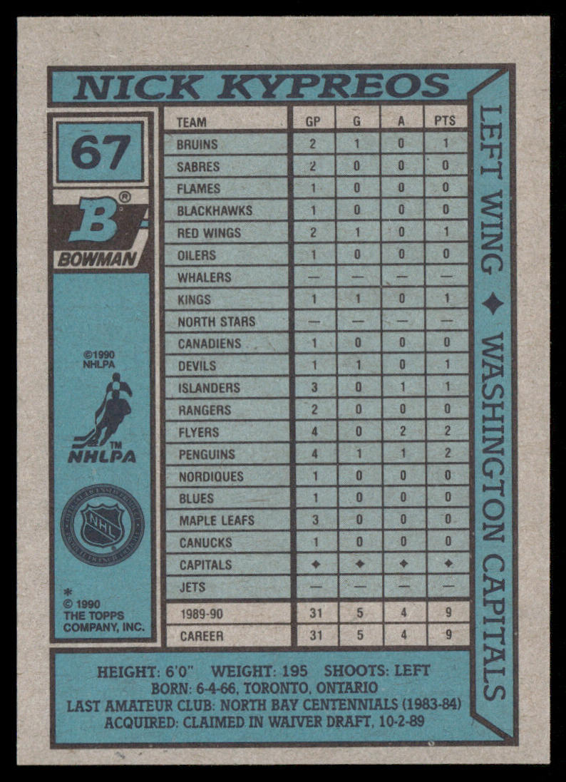 Nick Kypreos 1990-91 Bowman #67 RC Washington Capitals