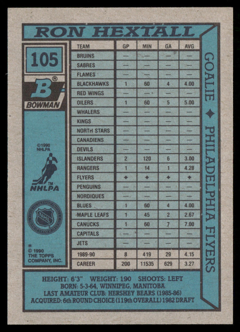 Ron Hextall 1990-91 Bowman #105 Philadelphia Flyers