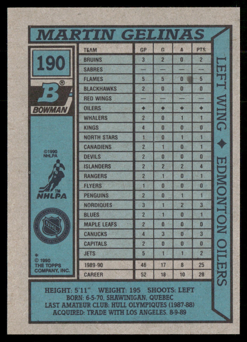 Martin Gelinas 1990-91 Bowman #190 RC Edmonton Oilers