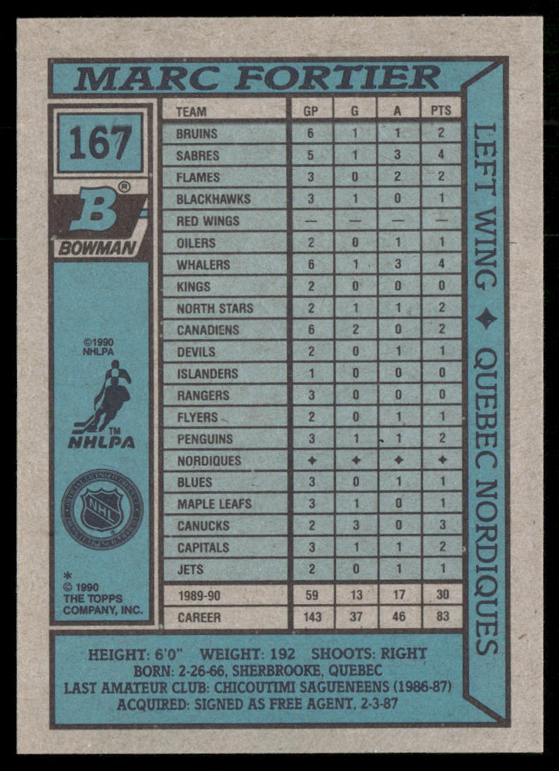 Marc Fortier 1990-91 Bowman #167 Quebec Nordiques