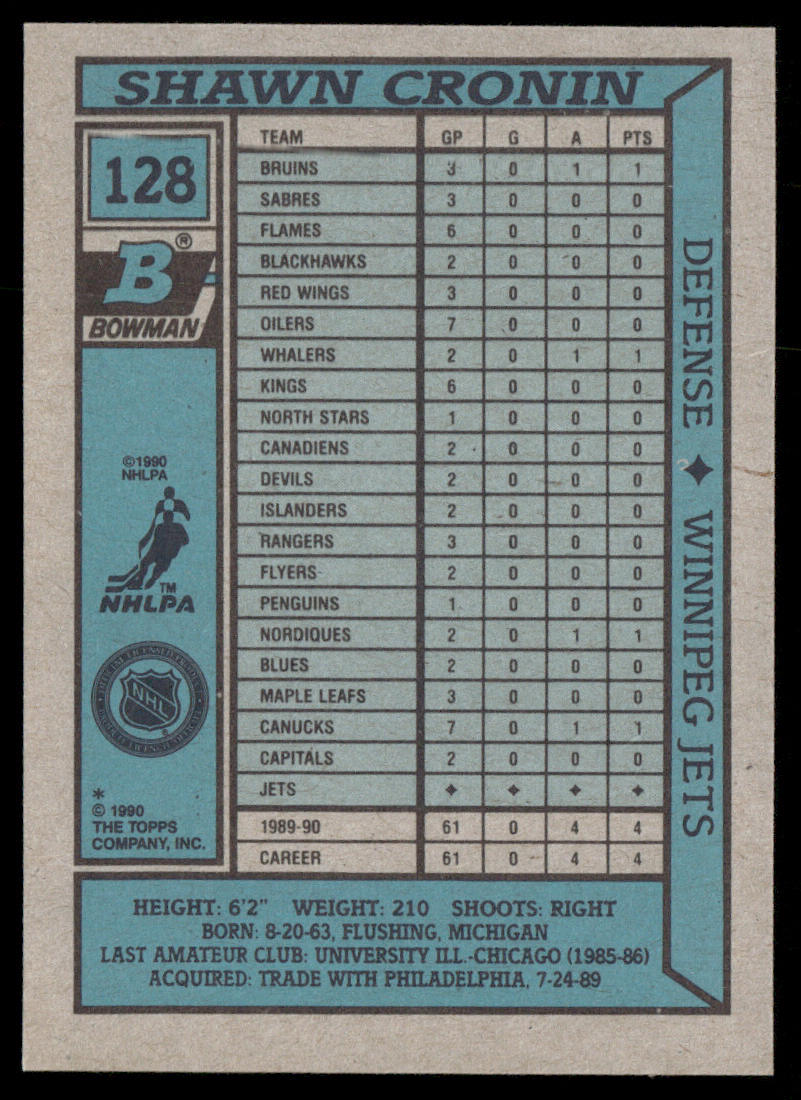Shawn Cronin 1990-91 Bowman #128 RC Winnipeg Jets