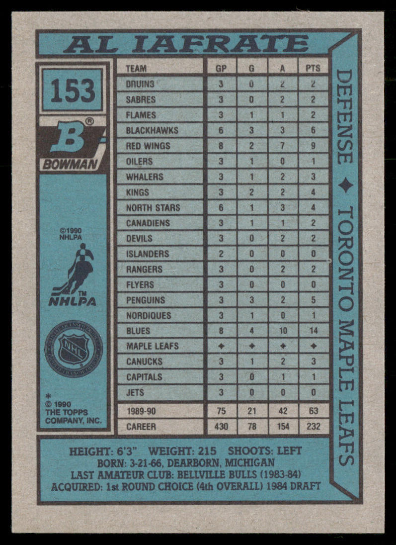 Al Iafrate 1990-91 Bowman #153 Toronto Maple Leafs