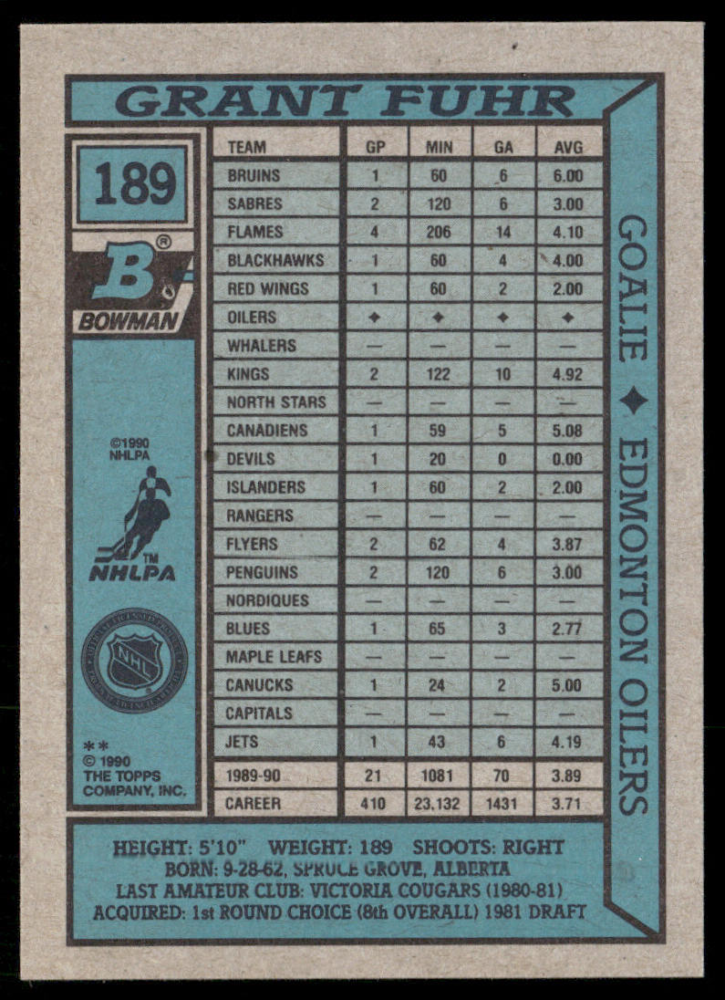 Grant Fuhr 1990-91 Bowman #189 Edmonton Oilers