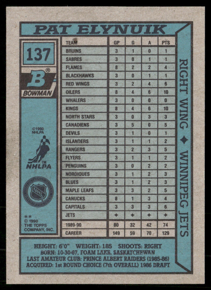 Pat Elynuik 1990-91 Bowman #137 Winnipeg Jets