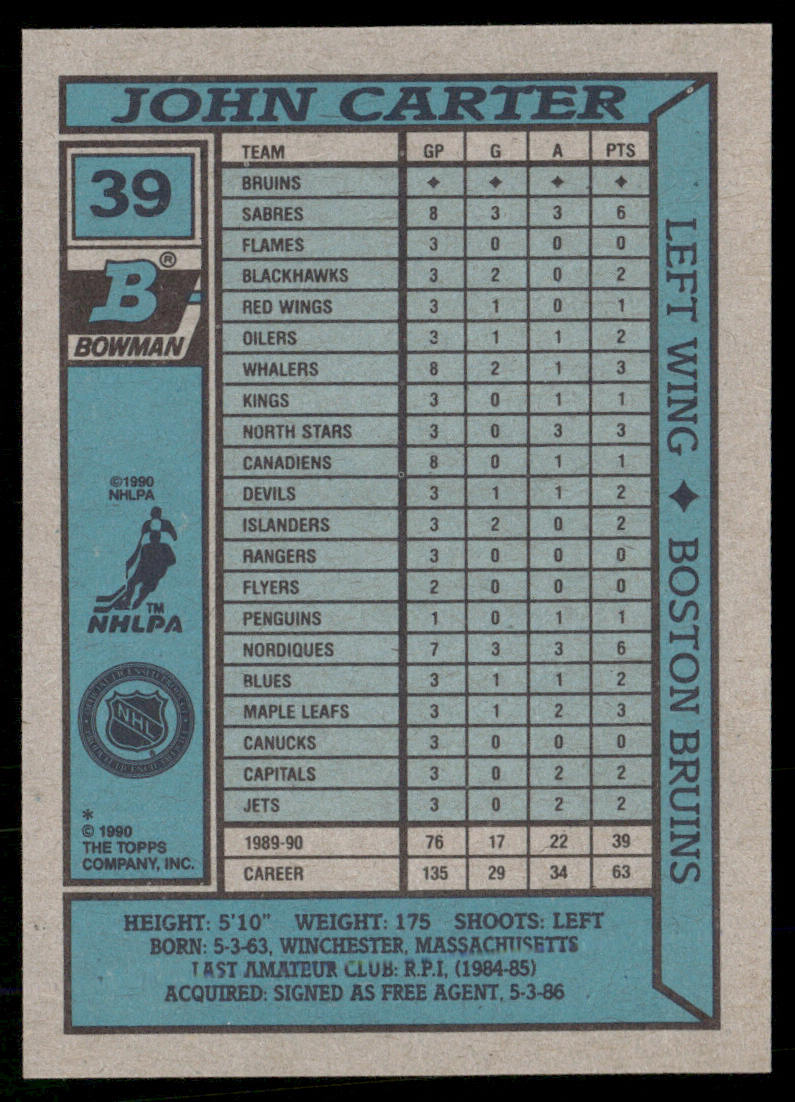 John Carter 1990-91 Bowman #39 RC Boston Bruins