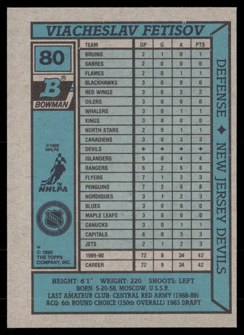 Viacheslav Fetisov 1990-91 Bowman #80 RC New Jersey Devils