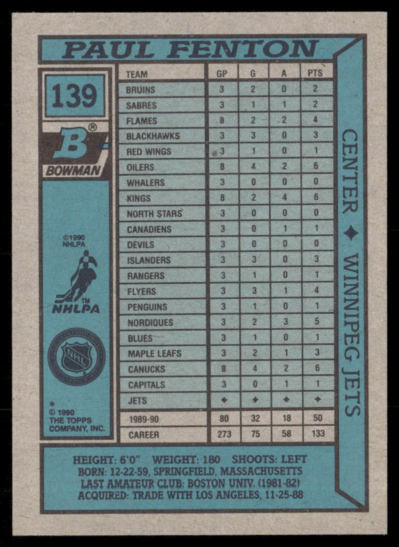 Paul Fenton 1990-91 Bowman #139 Winnipeg Jets