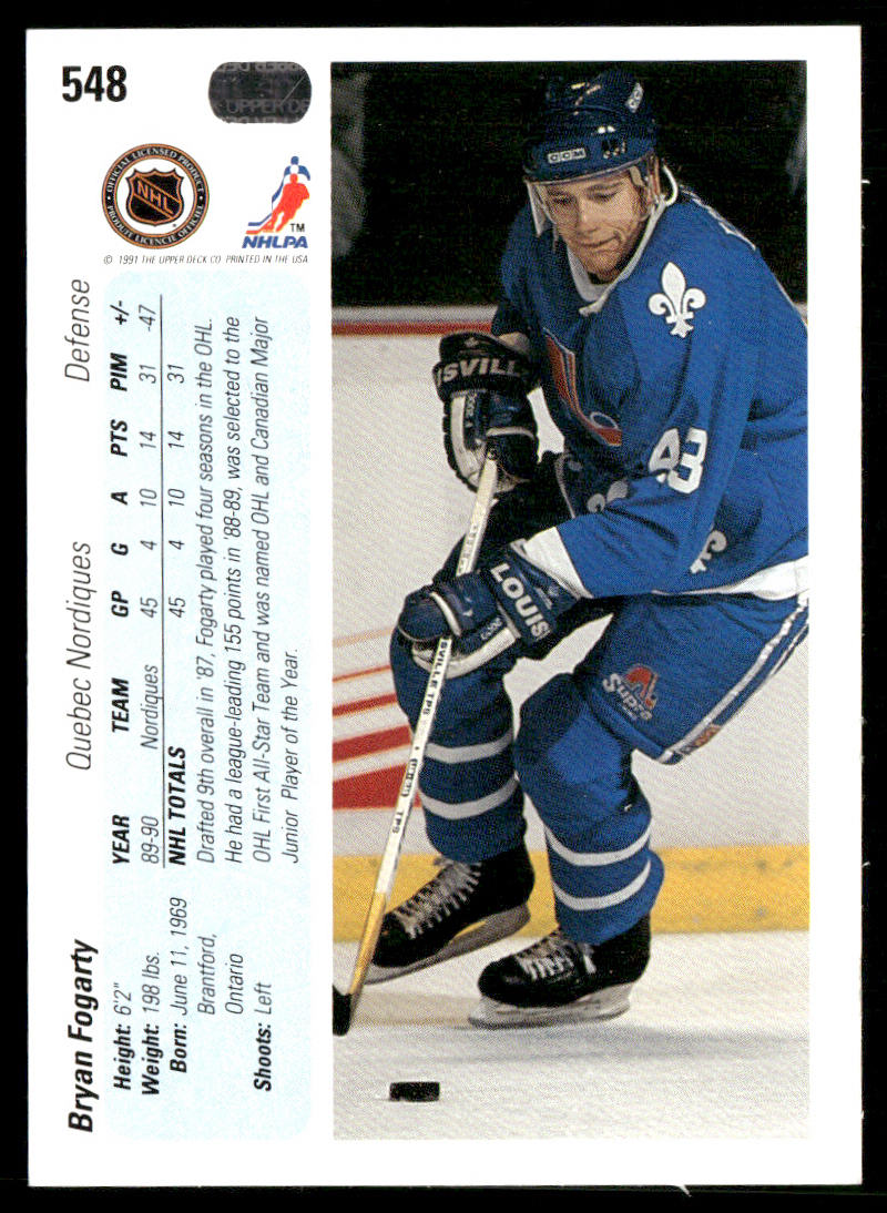 Bryan Fogarty 1990-91 Upper Deck #548b RC Quebec Nordiques