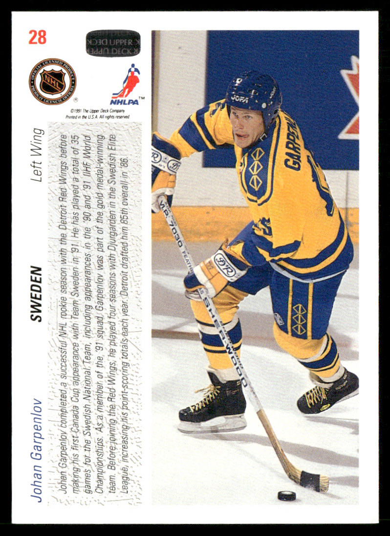 Johan Garpenlov 1991-92 Upper Deck #28b Sweden