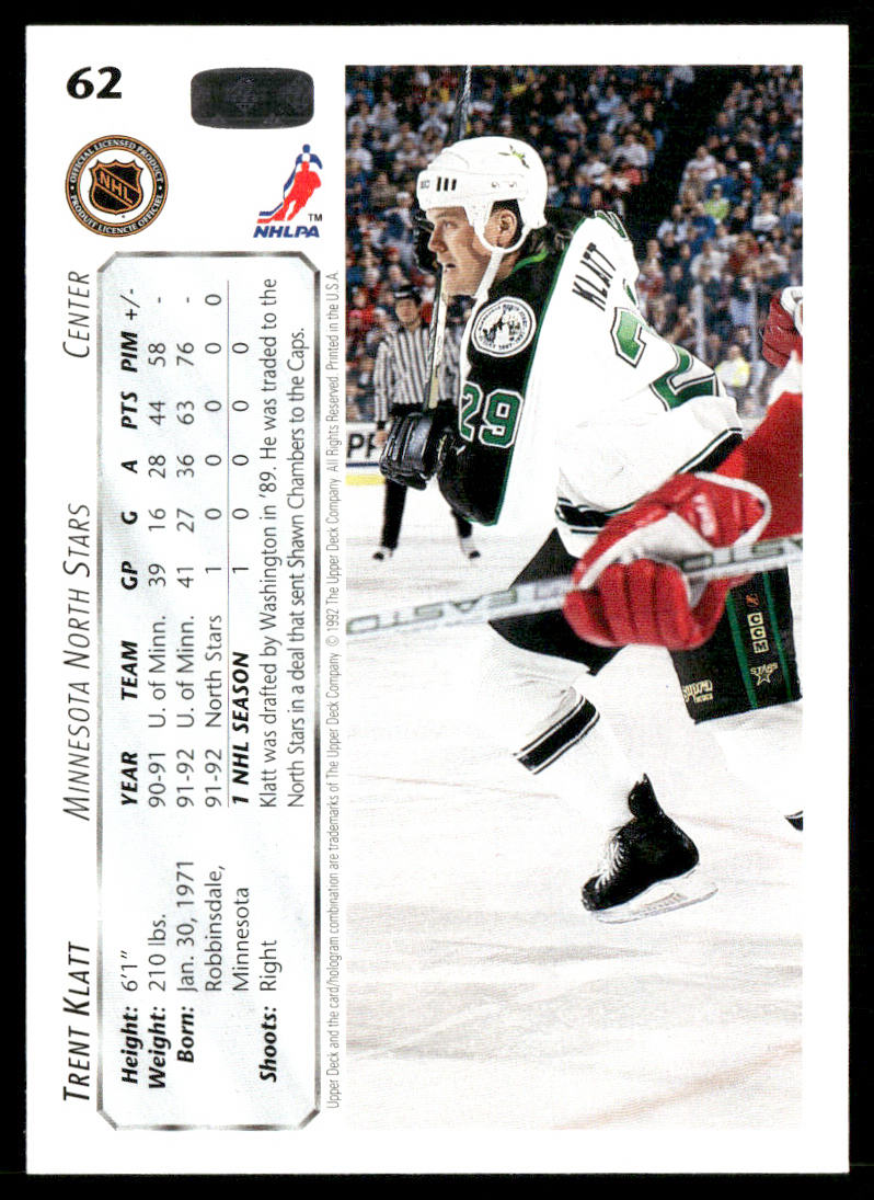 Trent Klatt 1992-93 Upper Deck #62 Minnesota North Stars