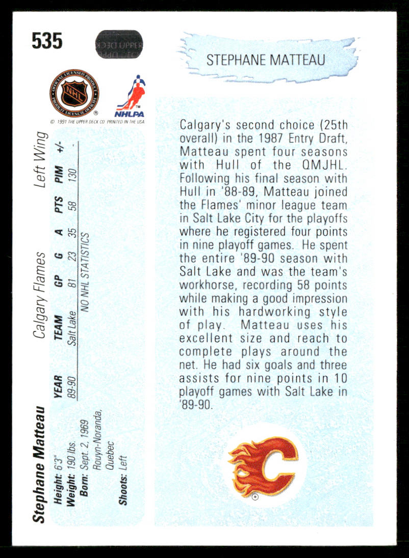Stephane Matteau 1990-91 Upper Deck #535b RC Calgary Flames