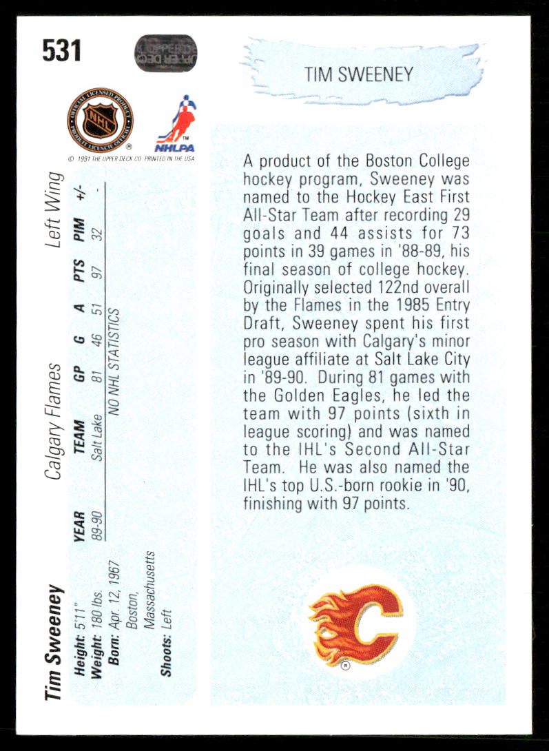 Tim Sweeney 1990-91 Upper Deck #531b RC Calgary Flames