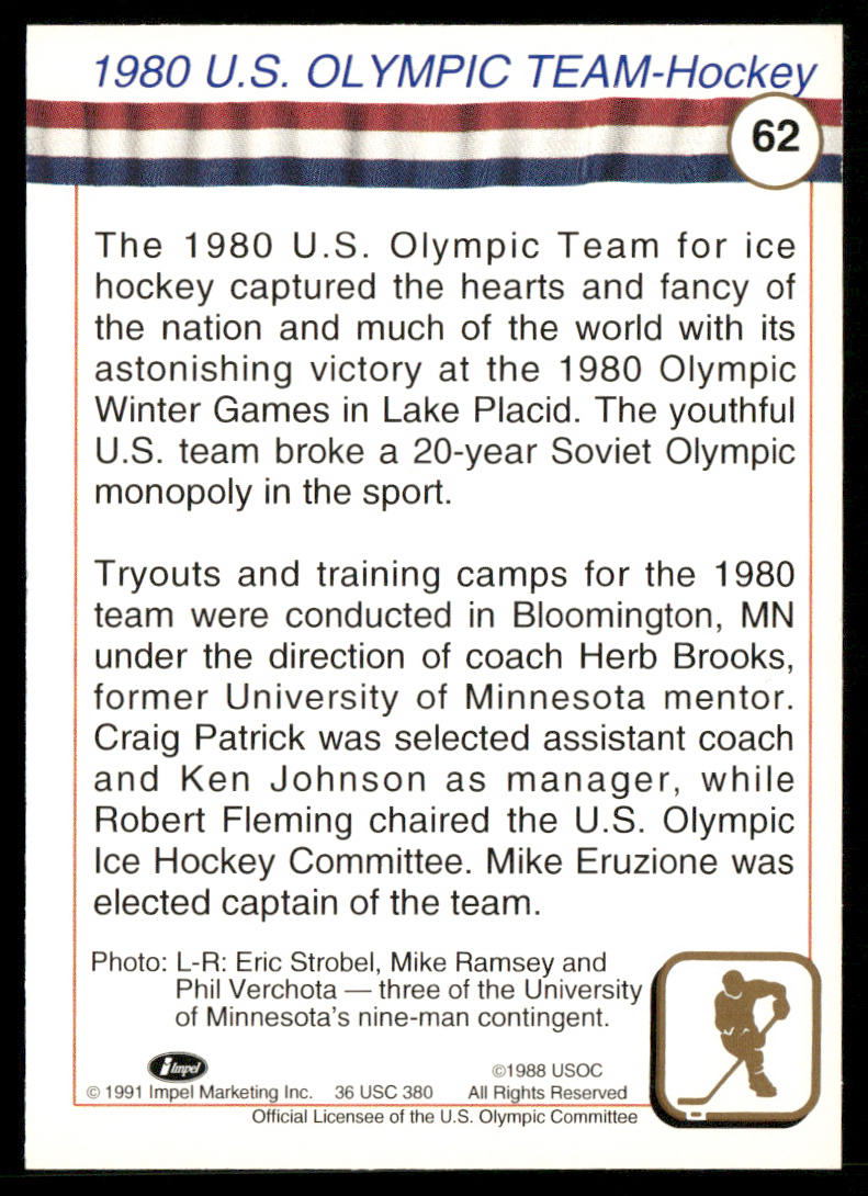 1980 U.S. Olympic Hockey Team 1991 Impel U.S. Olympic Hall of Fame #62 USA