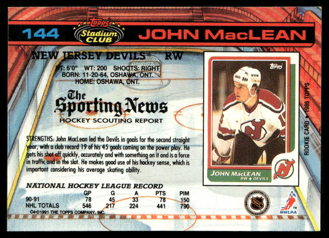 John MacLean 1991-92 Stadium Club #144 New Jersey Devils