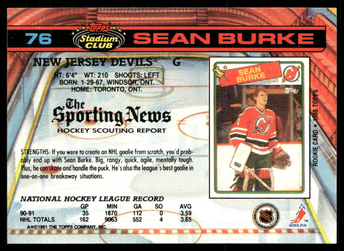 Sean Burke 1991-92 Stadium Club #76 New Jersey Devils