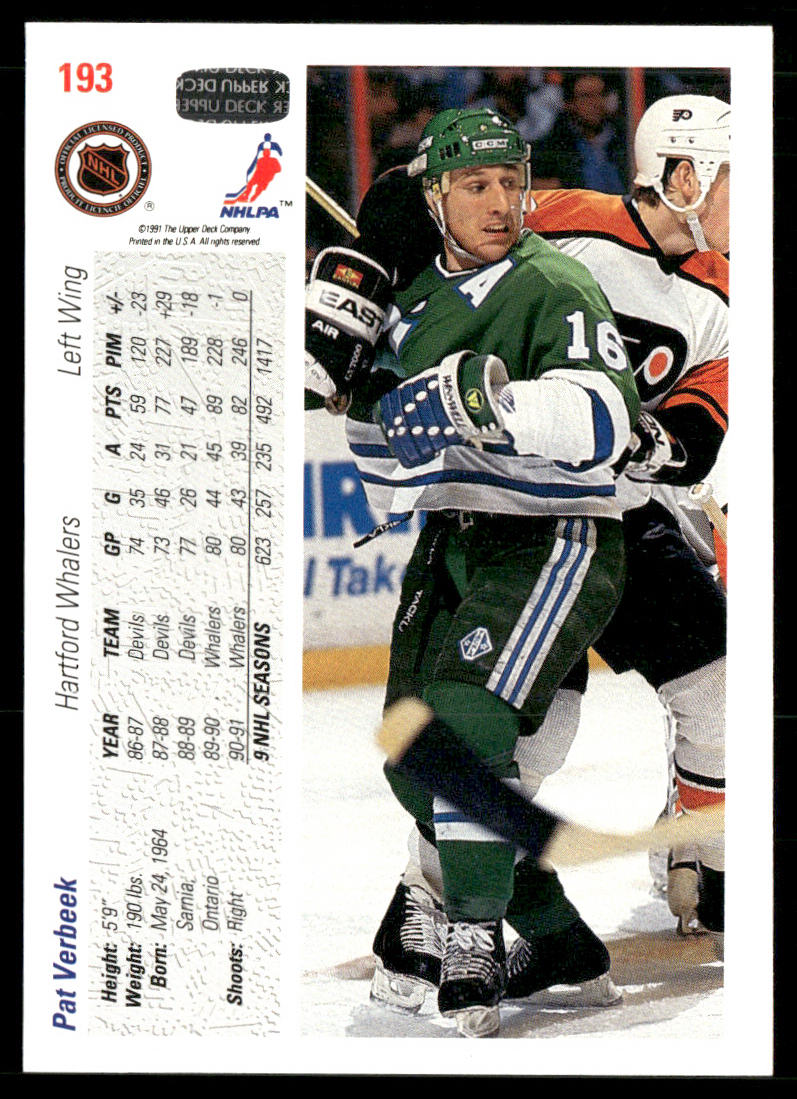 Pat Verbeek 1991-92 Upper Deck #193b Hartford Whalers