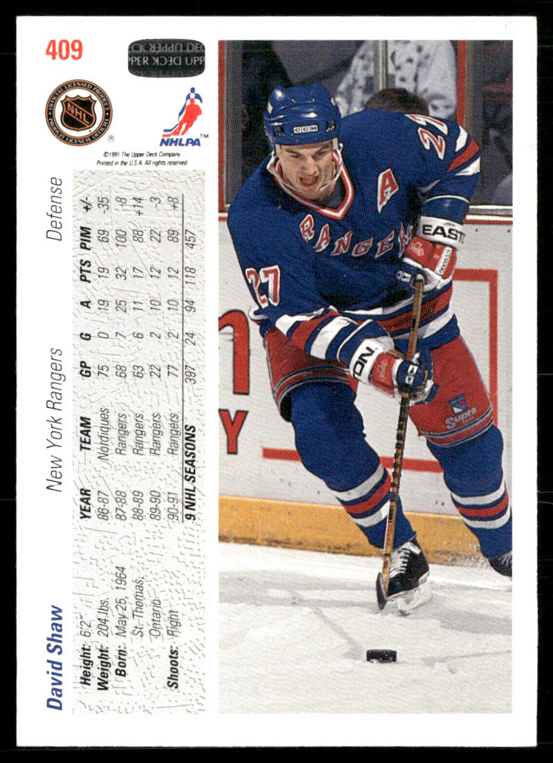 David Shaw 1991-92 Upper Deck #409 New York Rangers